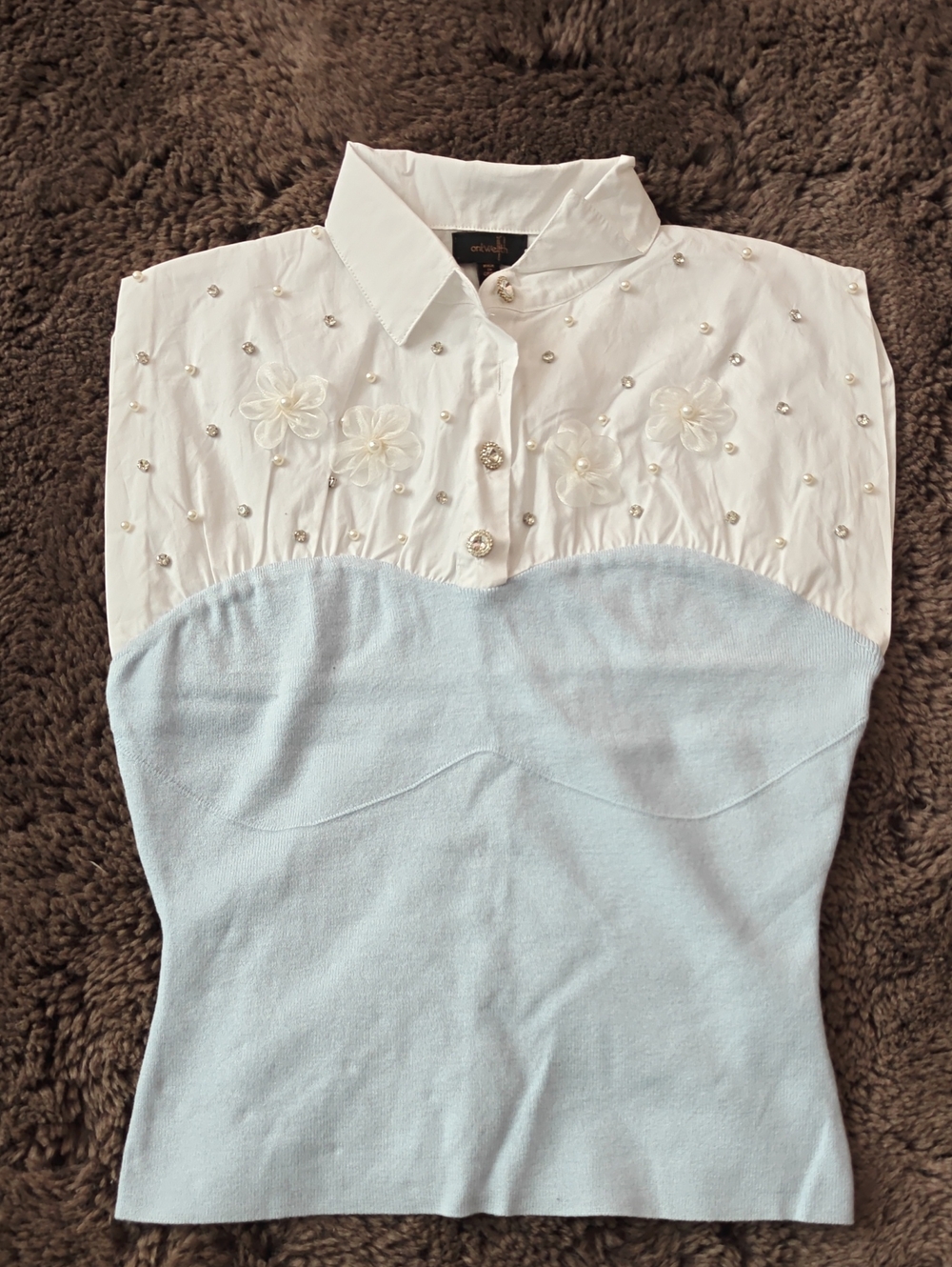 Elegant White & Light Blue Embellished Women's Top